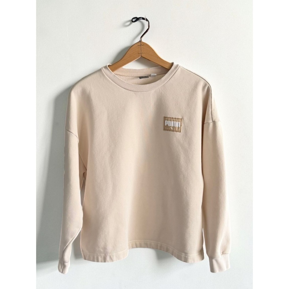 Puma Womens Crewneck Sweatshirt Beige Tan Logo Patch Fleece‎ Pullover Large